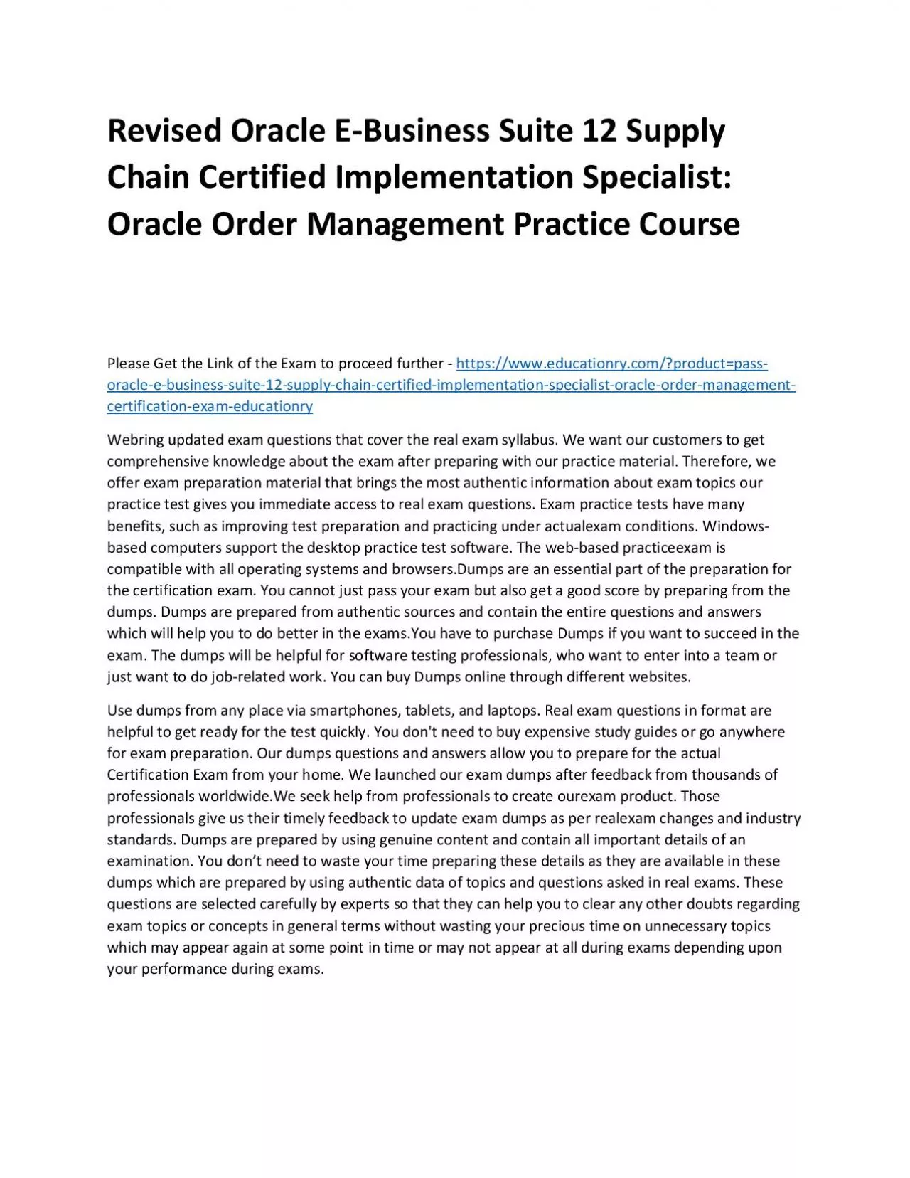 PDF-Oracle E-Business Suite 12 Supply Chain Certified Implementation Specialist: Oracle Order