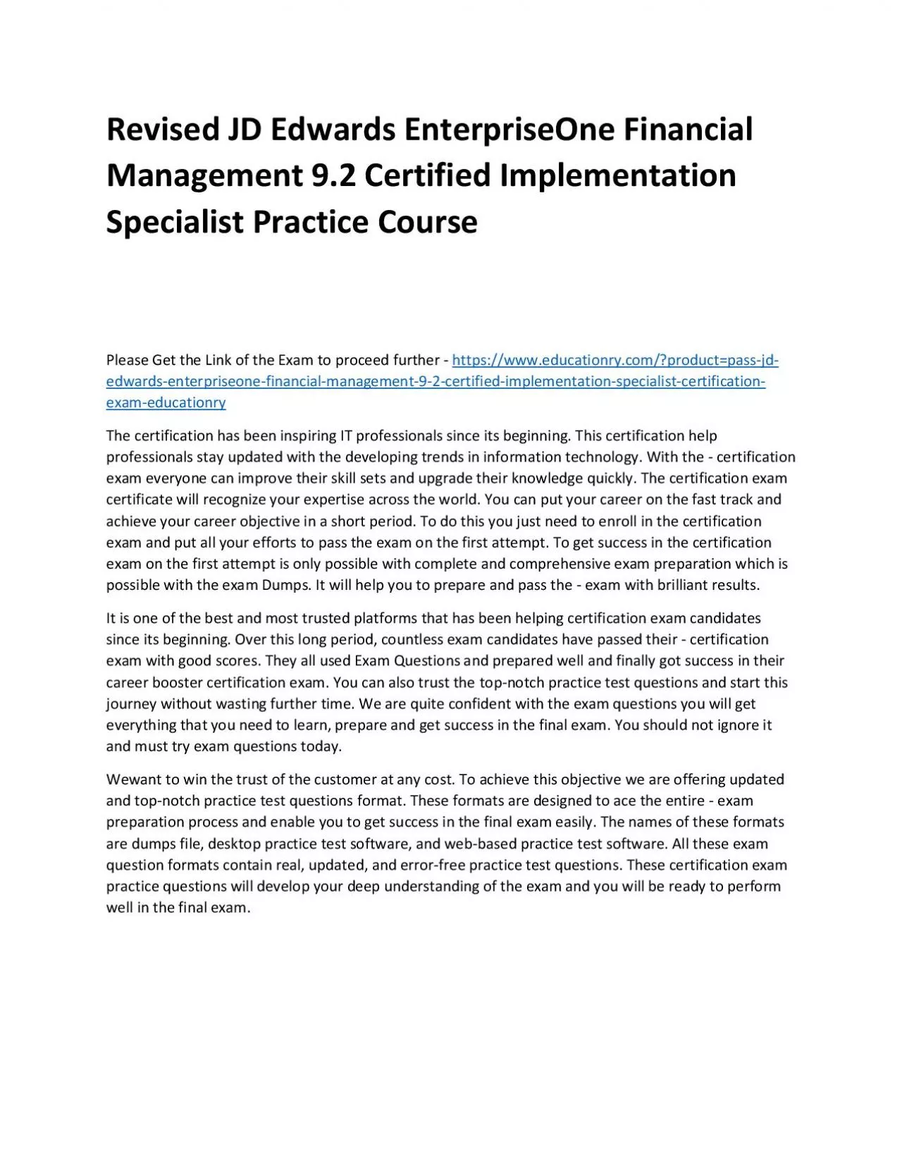 PDF-JD Edwards EnterpriseOne Financial Management 9.2 Certified Implementation Specialist