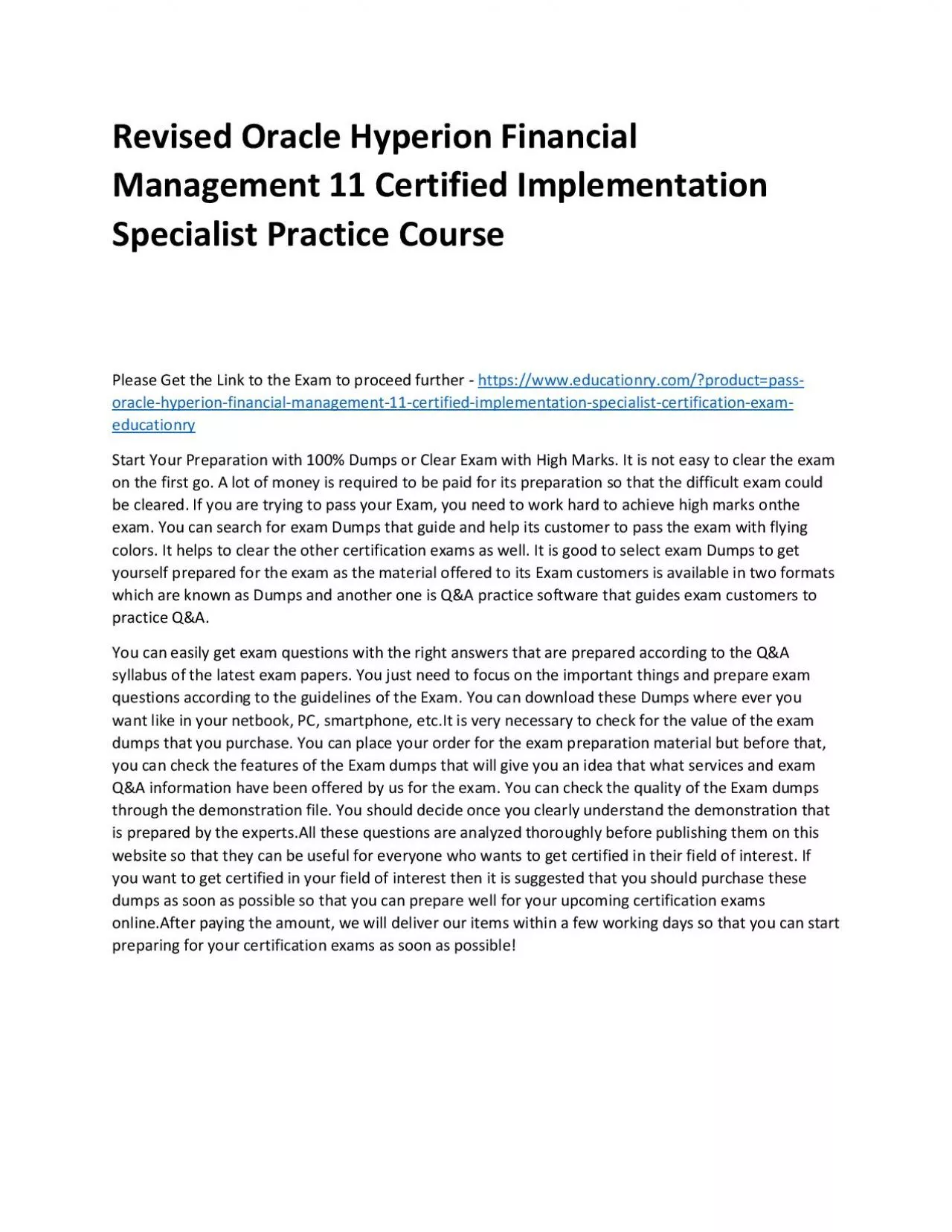 PDF-Oracle Hyperion Financial Management 11 Certified Implementation Specialist