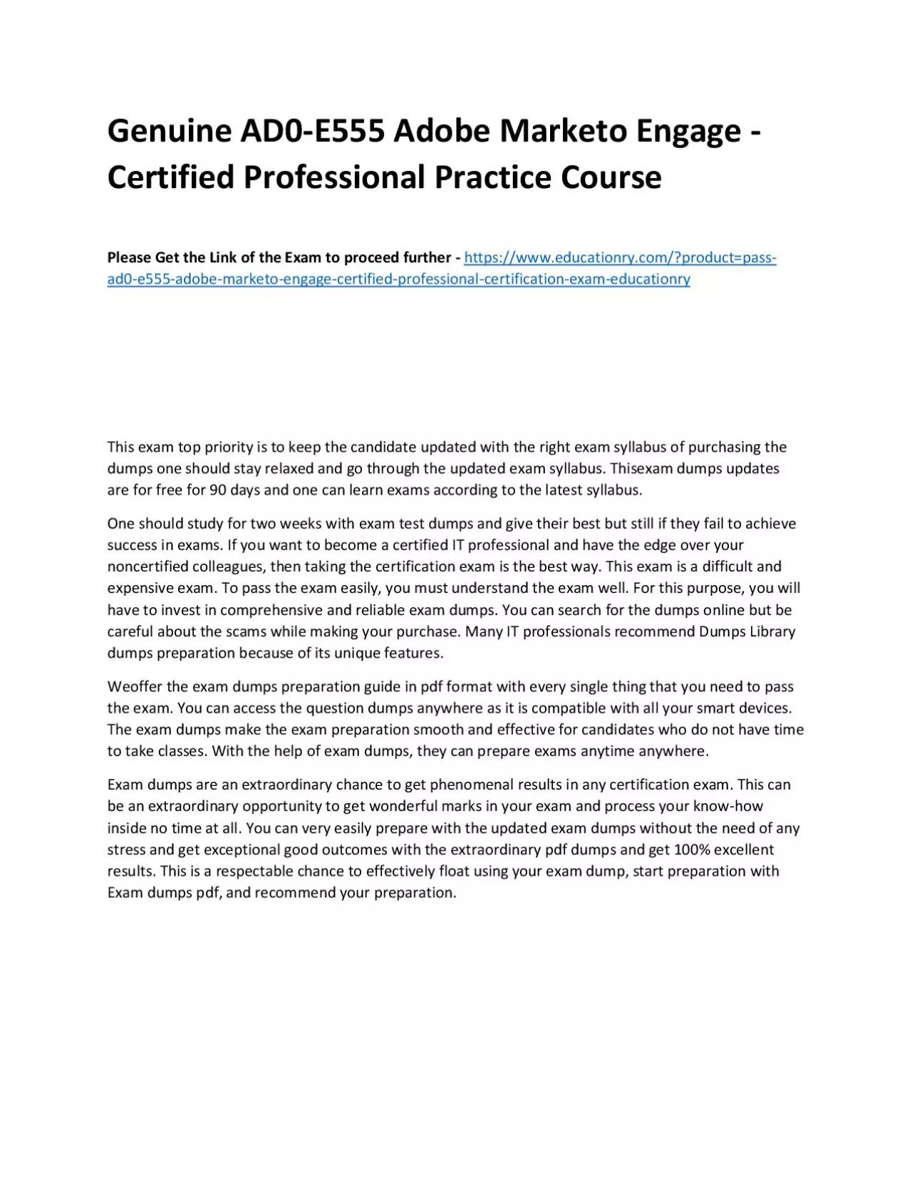 PDF-Genuine AD0-E555 Adobe Marketo Engage - Certified Professional Practice Course