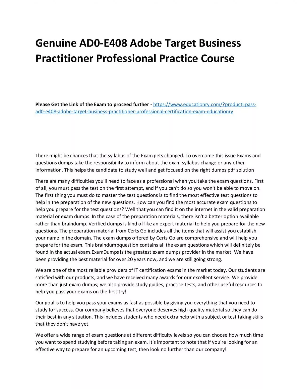Genuine AD0-E408 Adobe Target Business Practitioner Professional Practice Course