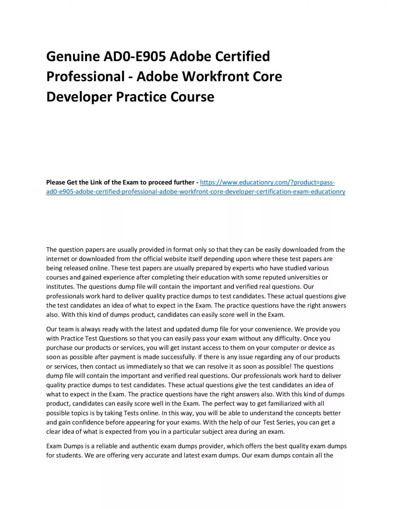 PDF-Genuine AD0-E905 Adobe Certified Professional - Adobe Workfront Core Developer Practice