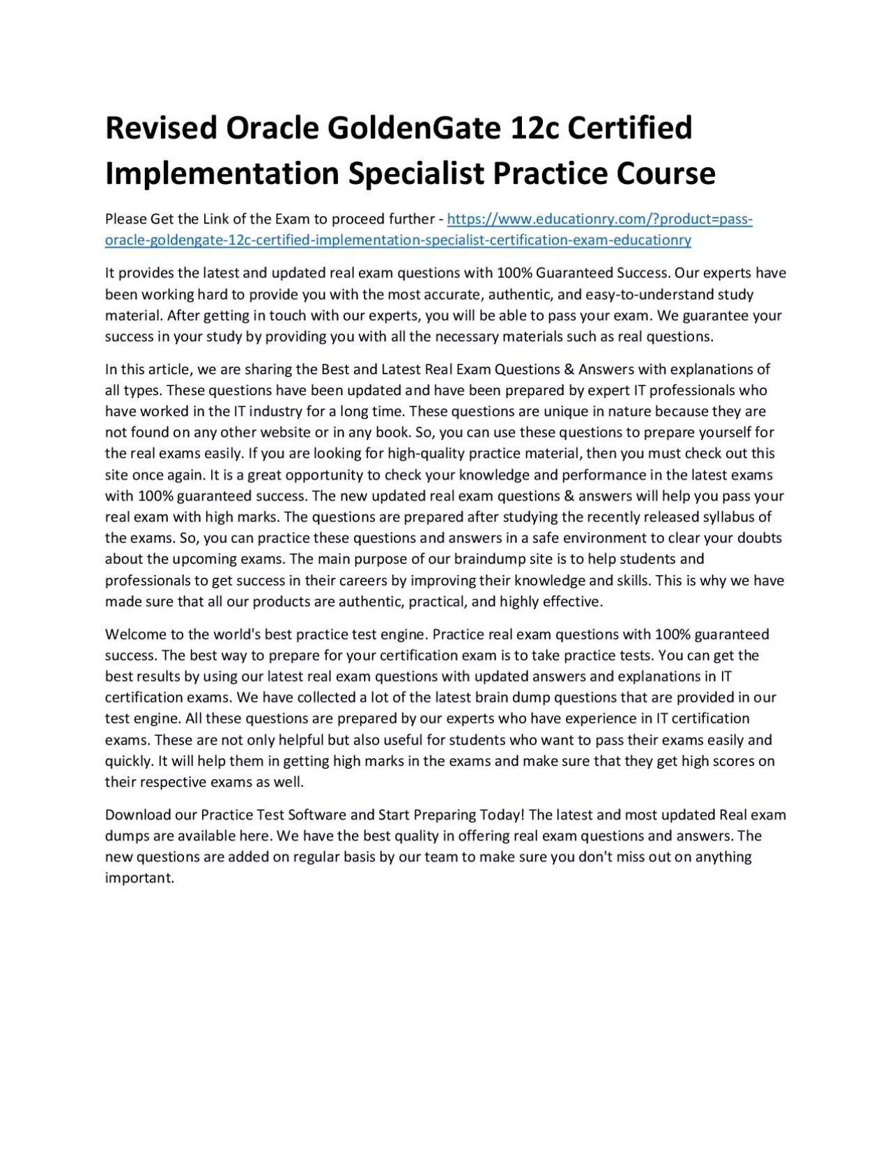 PDF-Oracle GoldenGate 12c Certified Implementation Specialist