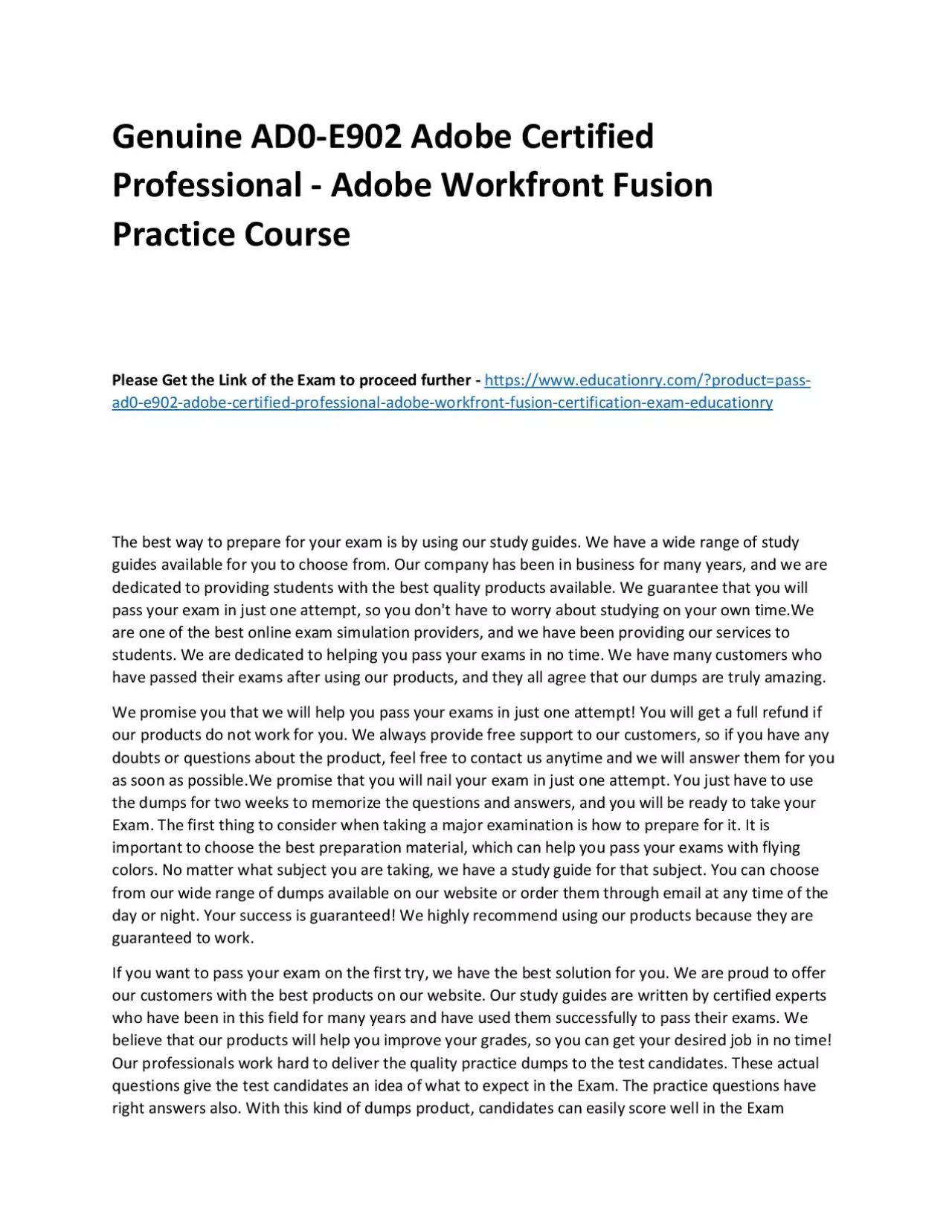 PDF-Genuine AD0-E902 Adobe Certified Professional - Adobe Workfront Fusion Practice Course