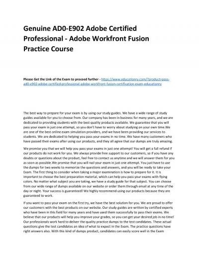 Genuine AD0-E902 Adobe Certified Professional - Adobe Workfront Fusion Practice Course