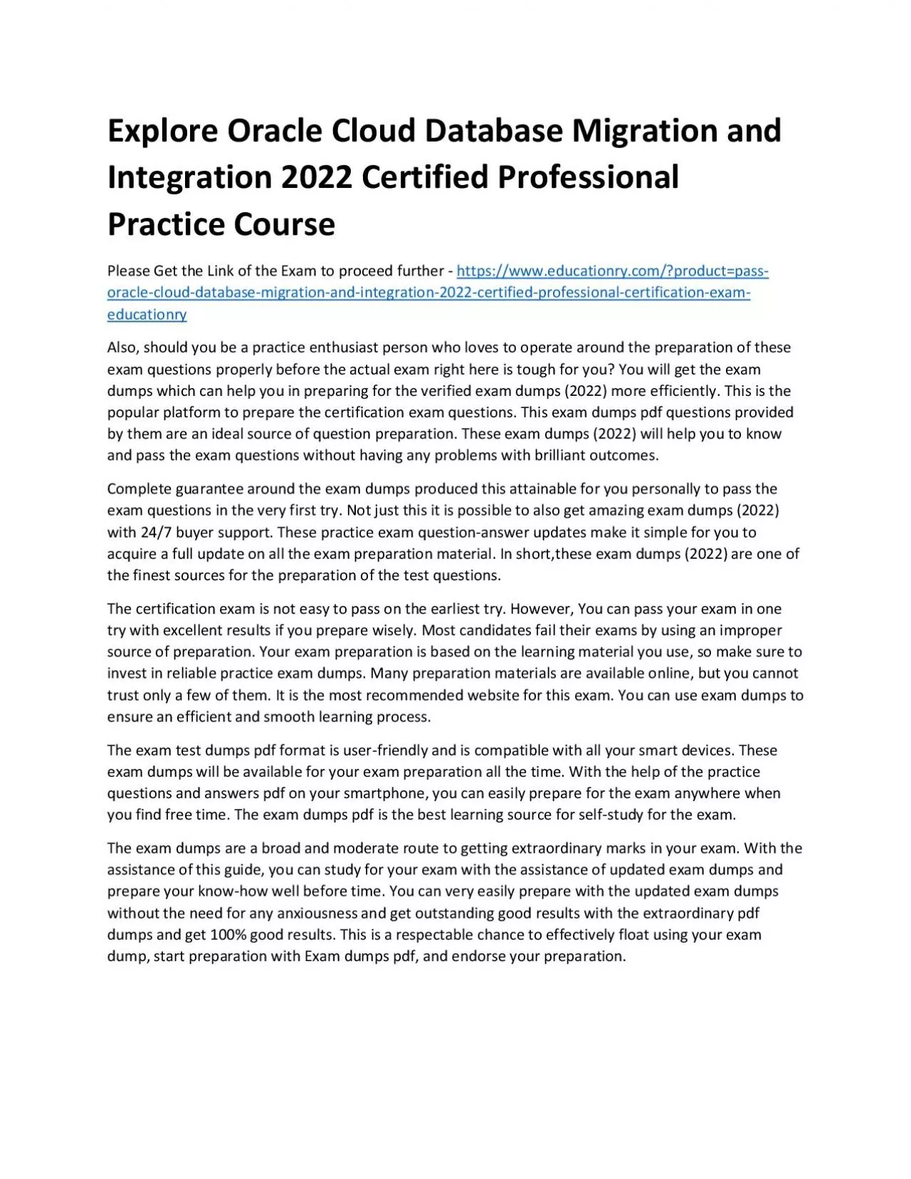 PDF-Explore Oracle Cloud Database Migration and Integration 2022 Certified Professional Practice