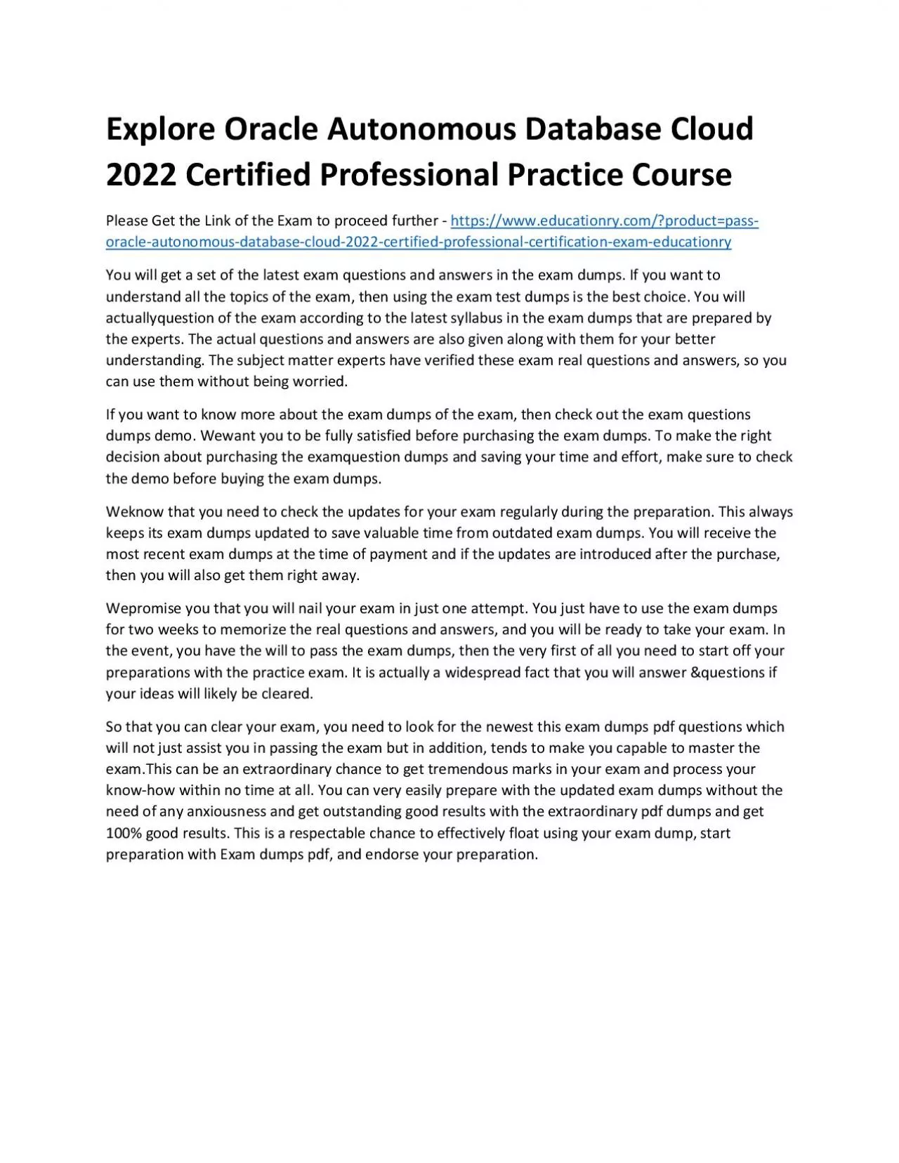 PDF-Explore Oracle Autonomous Database Cloud 2022 Certified Professional Practice Course