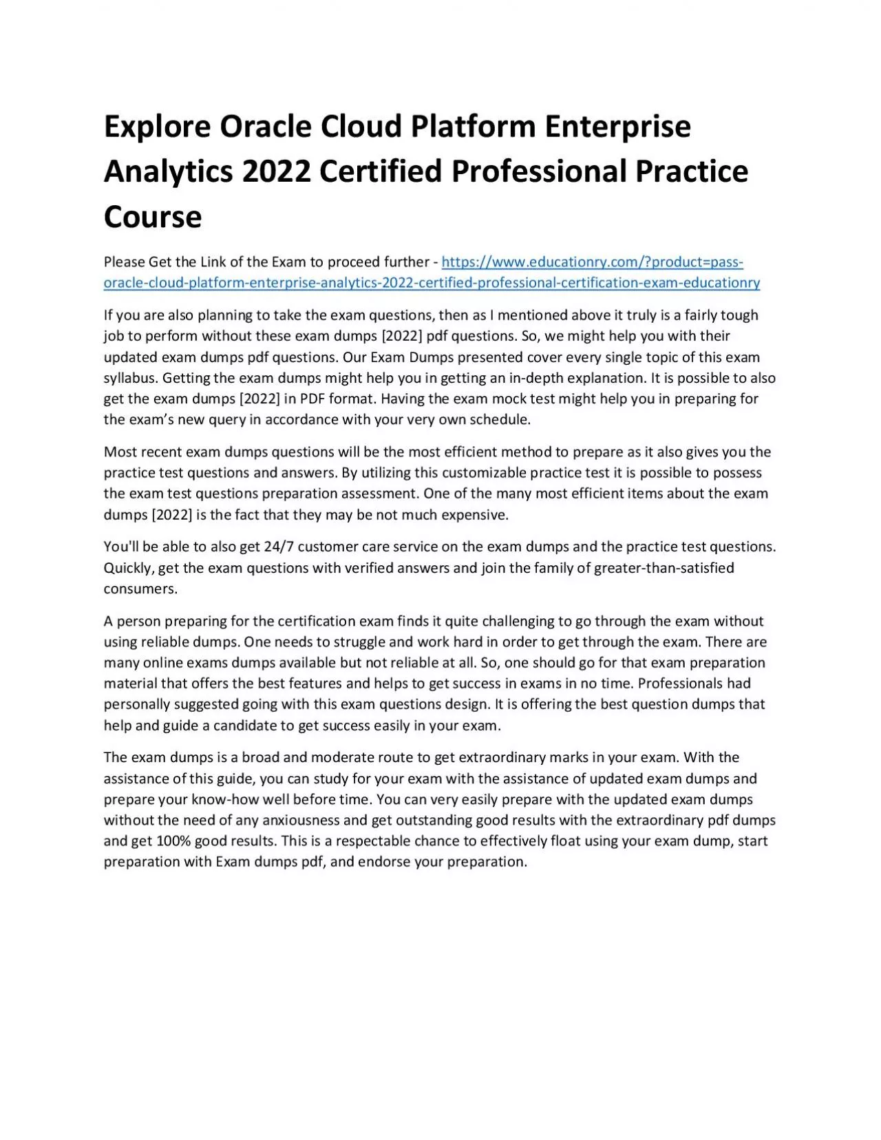 PDF-Explore Oracle Cloud Platform Enterprise Analytics 2022 Certified Professional Practice