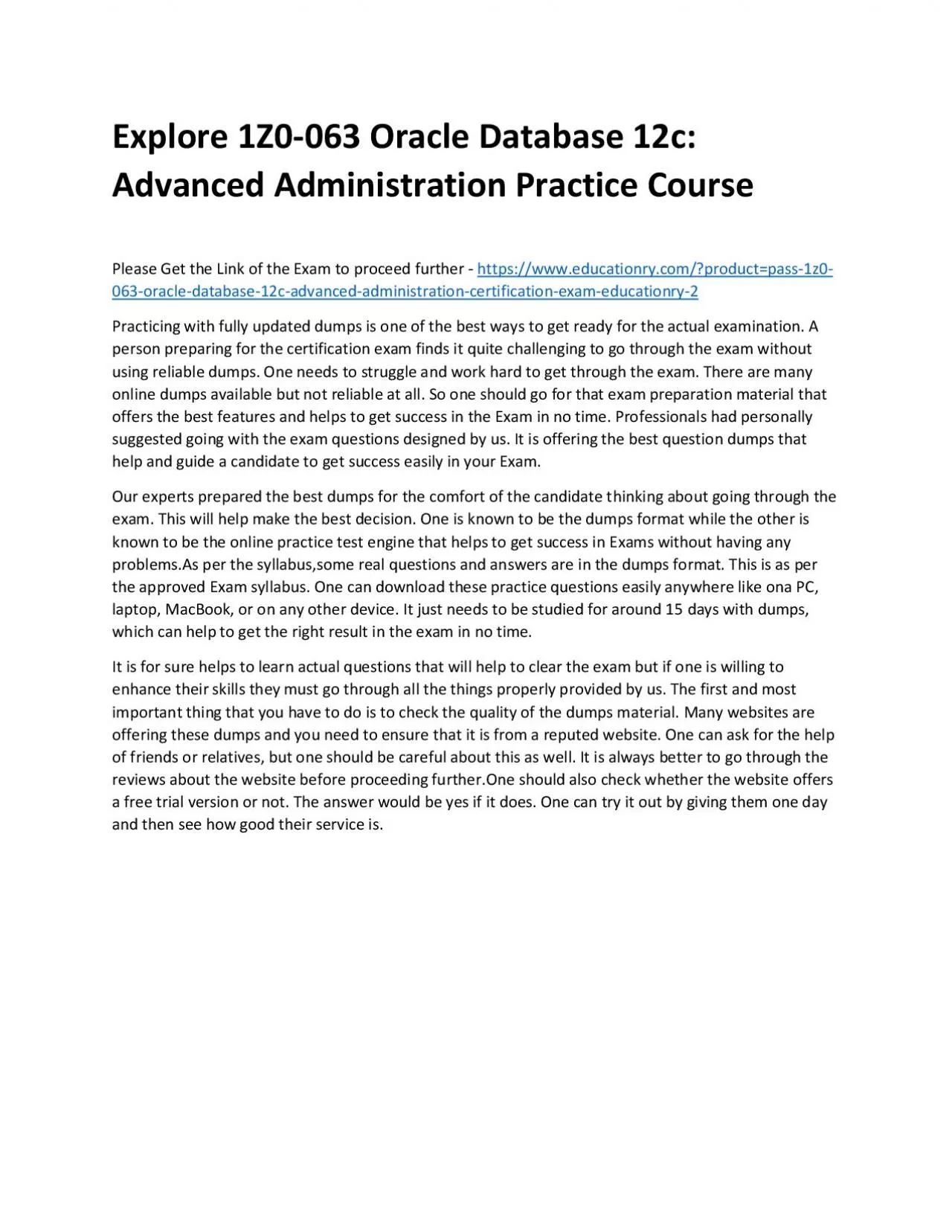 PDF-Explore 1Z0-063 Oracle Database 12c: Advanced Administration Practice Course