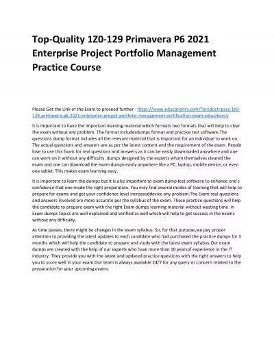 Top-Quality 1Z0-129 Primavera P6 2021 Enterprise Project Portfolio Management Practice