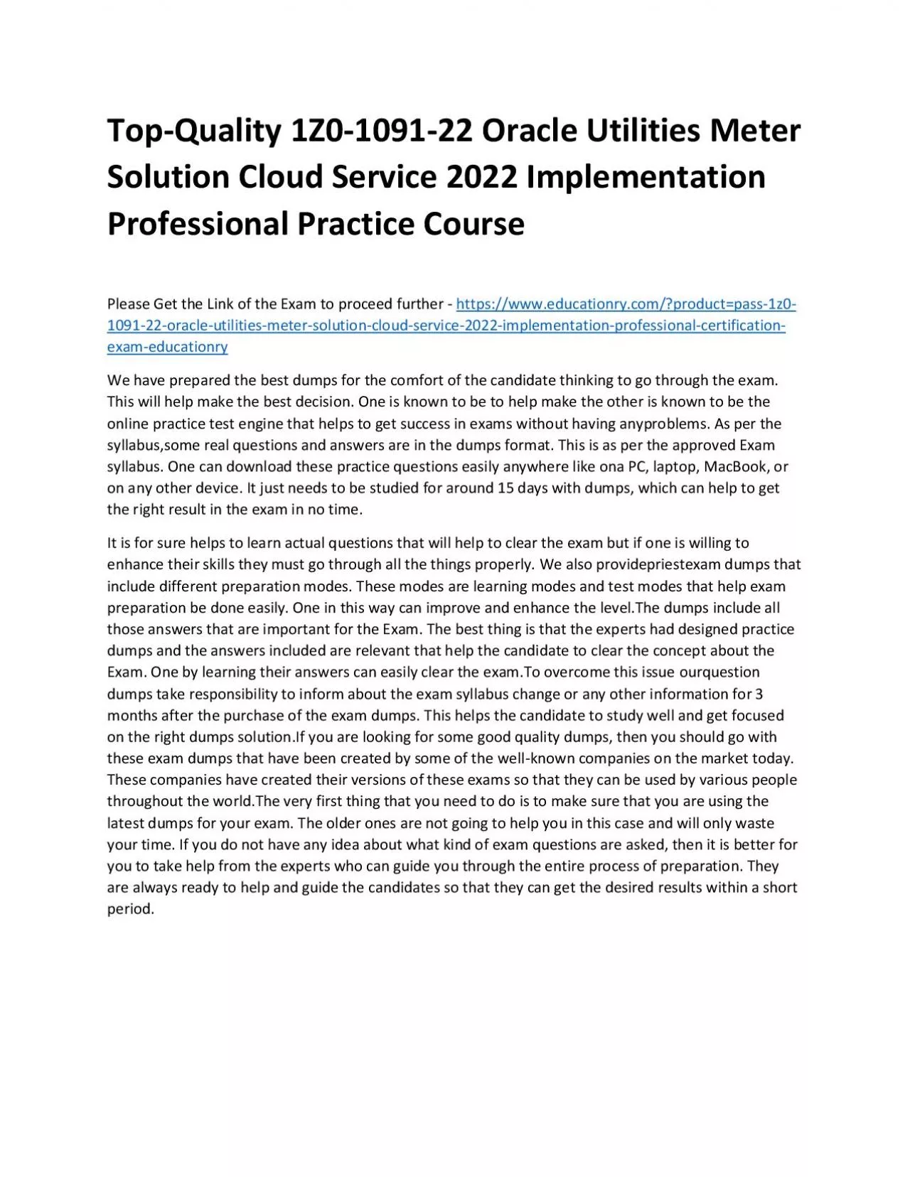 PDF-Top-Quality 1Z0-1091-22 Oracle Utilities Meter Solution Cloud Service 2022 Implementation