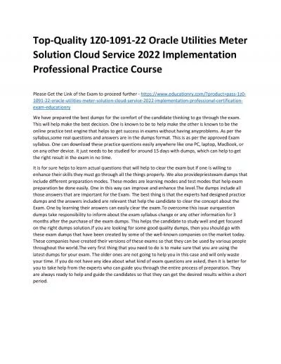 Top-Quality 1Z0-1091-22 Oracle Utilities Meter Solution Cloud Service 2022 Implementation Professional Practice Course