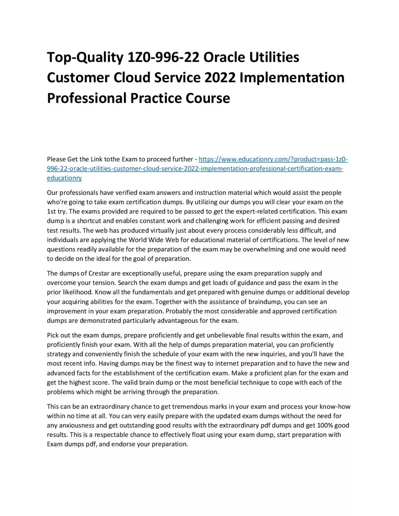 PDF-Top-Quality 1Z0-996-22 Oracle Utilities Customer Cloud Service 2022 Implementation Professional