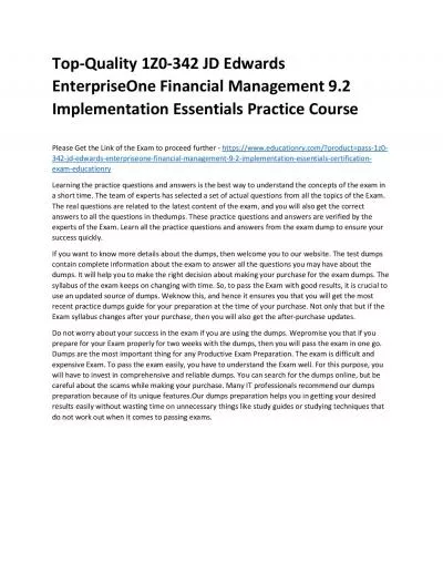 Top-Quality 1Z0-342 JD Edwards EnterpriseOne Financial Management 9.2 Implementation Essentials