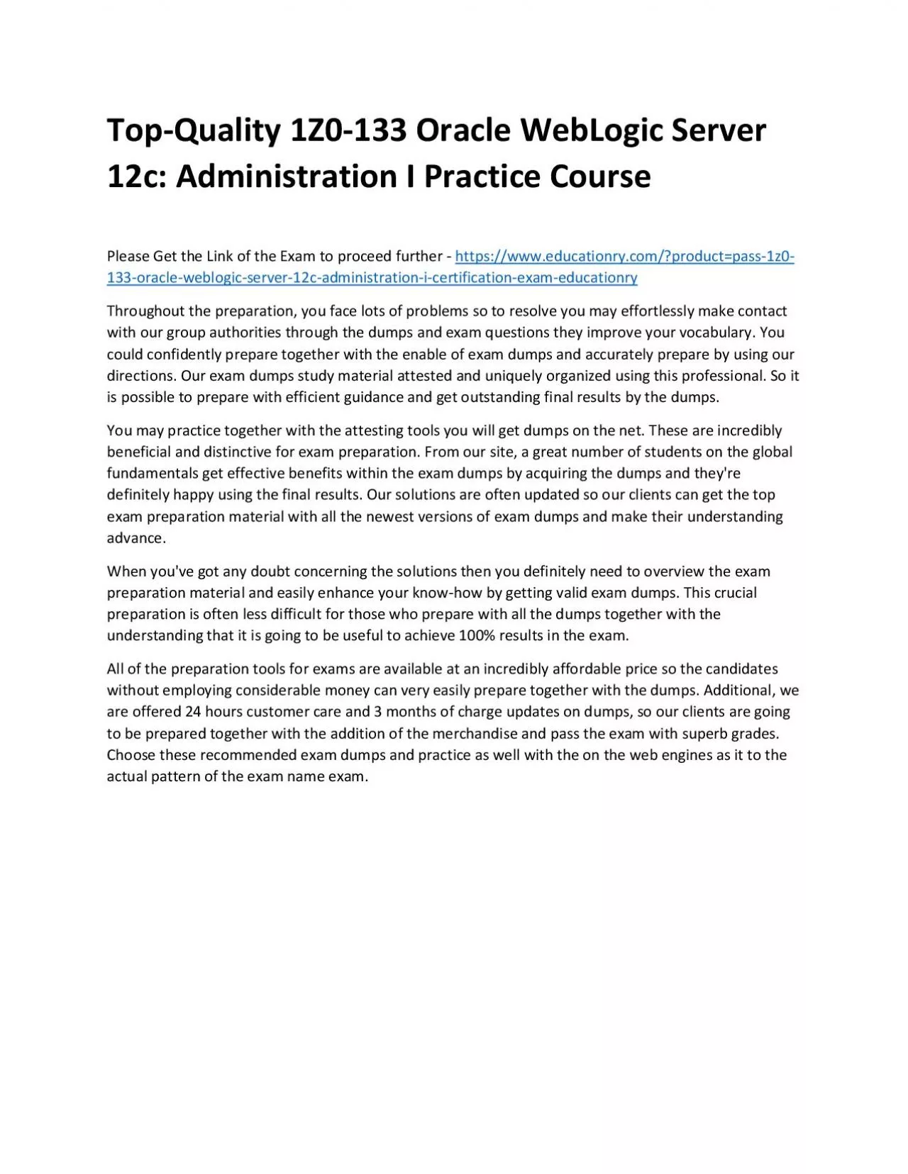 PDF-Top-Quality 1Z0-133 Oracle WebLogic Server 12c: Administration I Practice Course