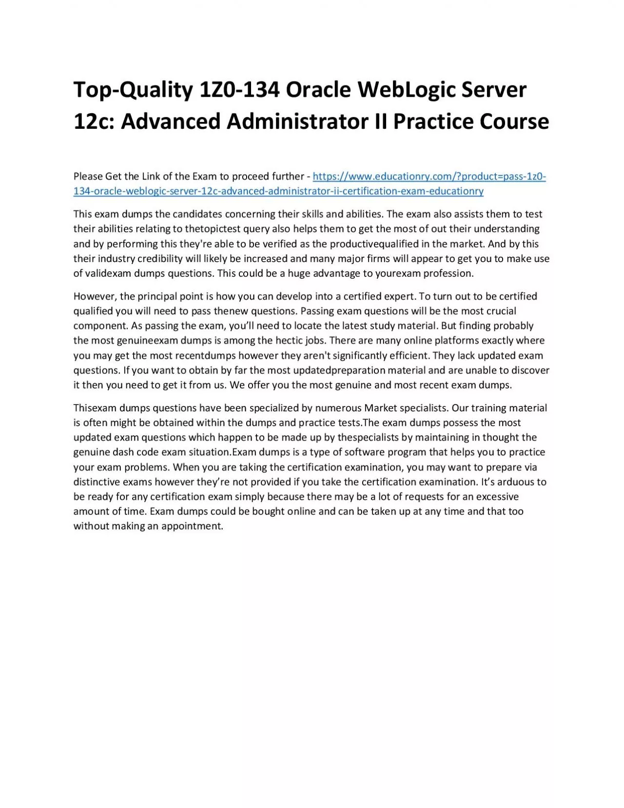 PDF-Top-Quality 1Z0-134 Oracle WebLogic Server 12c: Advanced Administrator II Practice Course