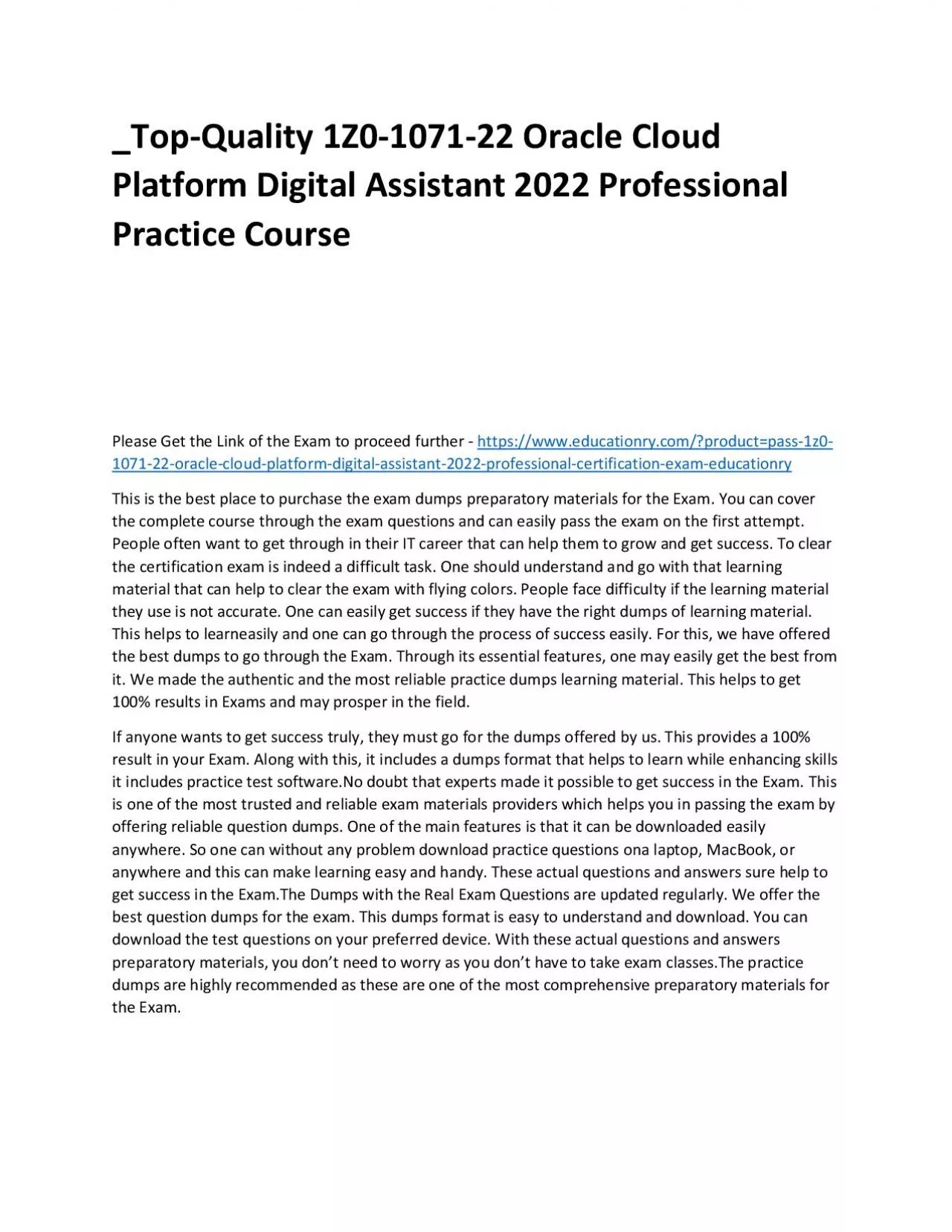 PDF-Top-Quality 1Z0-1071-22 Oracle Cloud Platform Digital Assistant 2022 Professional Practice