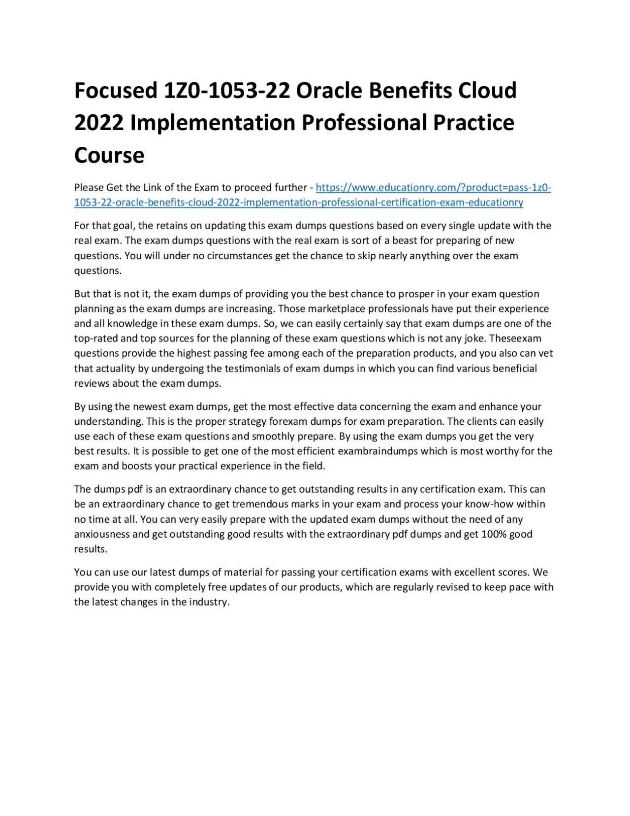 PDF-Focused 1Z0-1053-22 Oracle Benefits Cloud 2022 Implementation Professional Practice Course