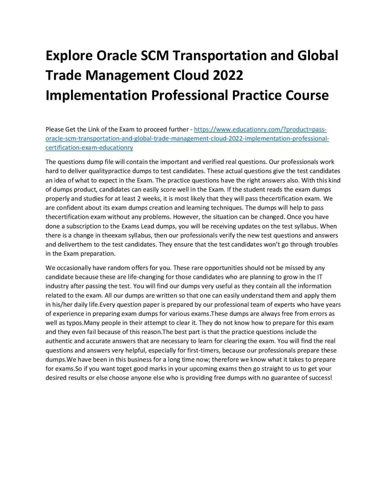 PDF-Oracle SCM Transportation and Global Trade Management Cloud 2022 Implementation Professional