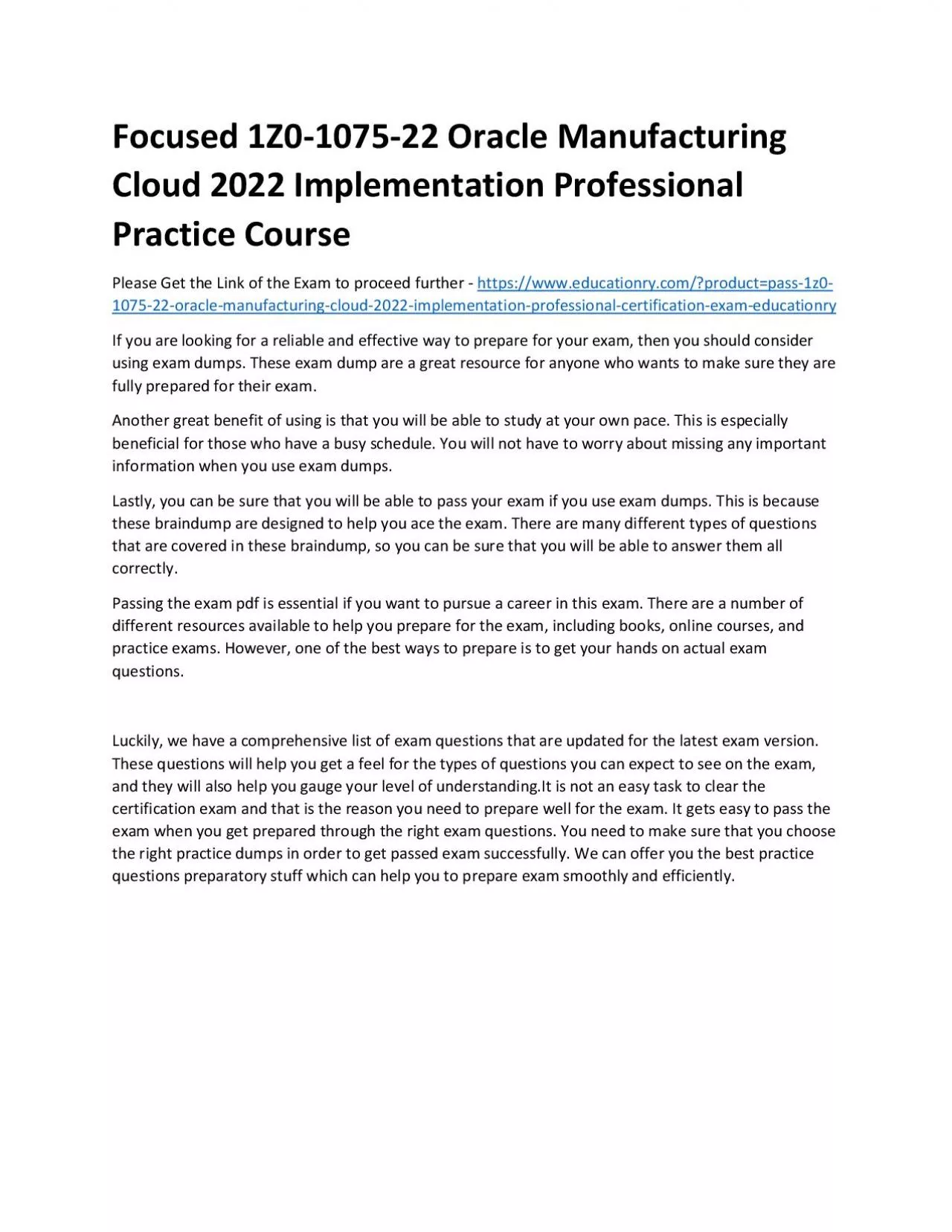 PDF-1Z0-1075-22 Oracle Manufacturing Cloud 2022 Implementation Professional