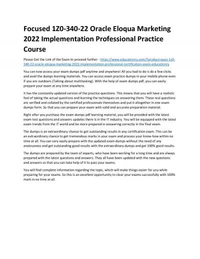 1Z0-340-22 Oracle Eloqua Marketing 2022 Implementation Professional