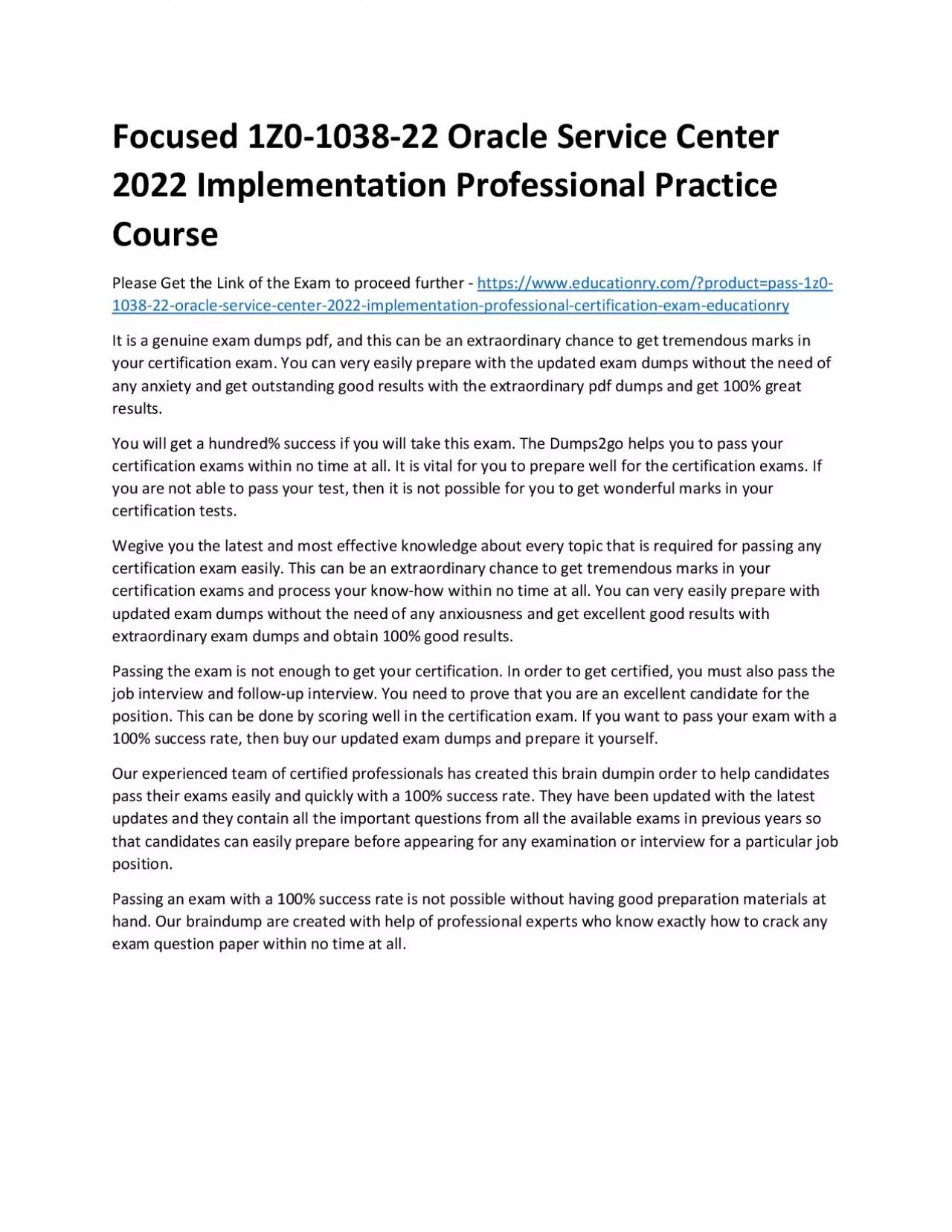 PDF-1Z0-1038-22 Oracle Service Center 2022 Implementation Professional