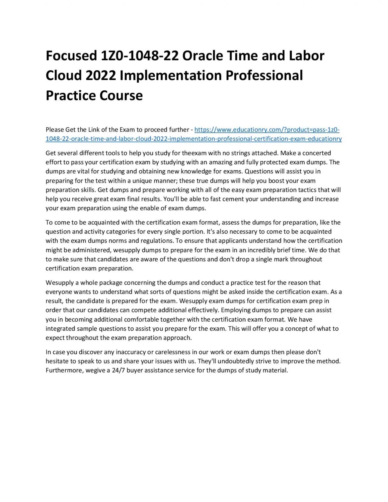 PDF-1Z0-1048-22 Oracle Time and Labor Cloud 2022 Implementation Professional