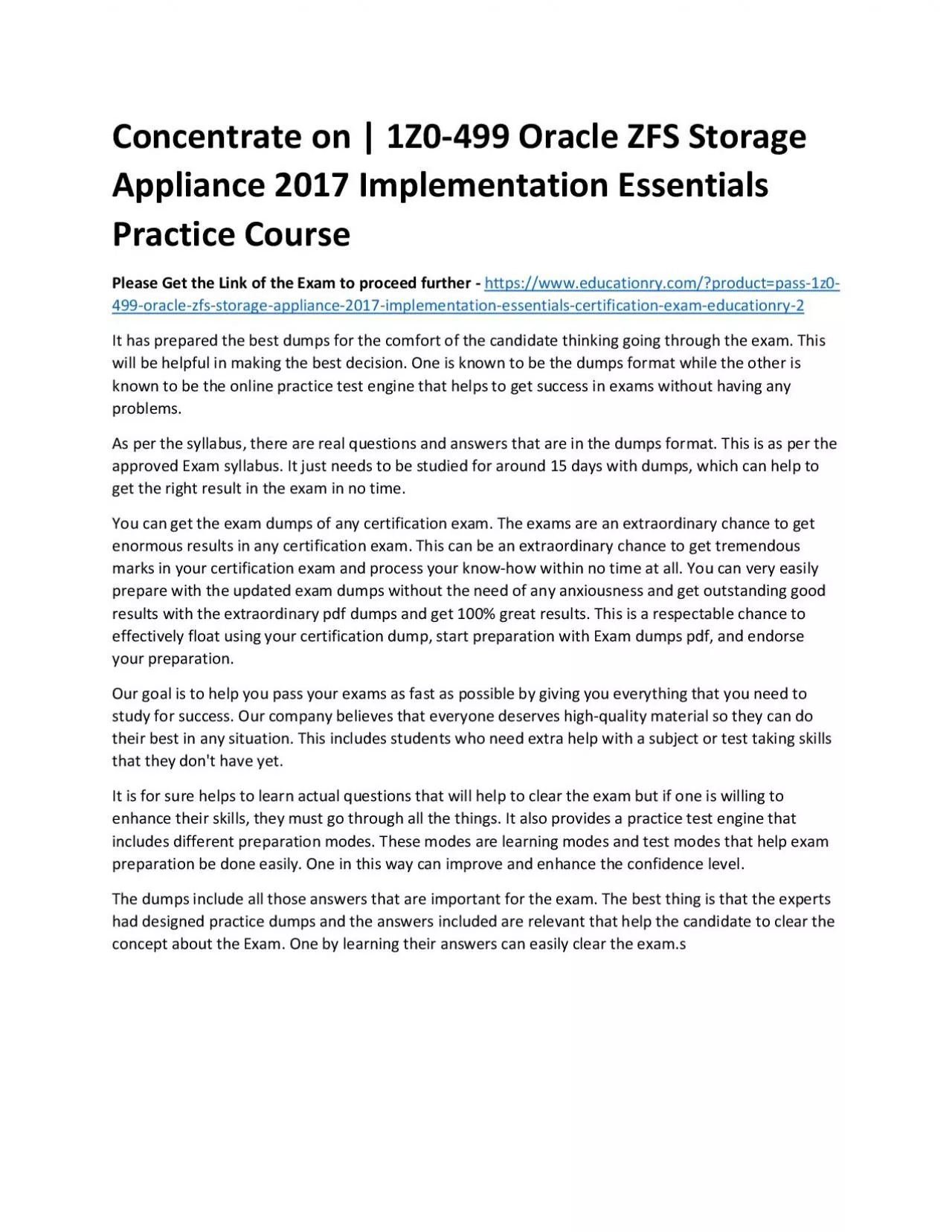 1Z0-499 Oracle ZFS Storage Appliance 2017 Implementation Essentials