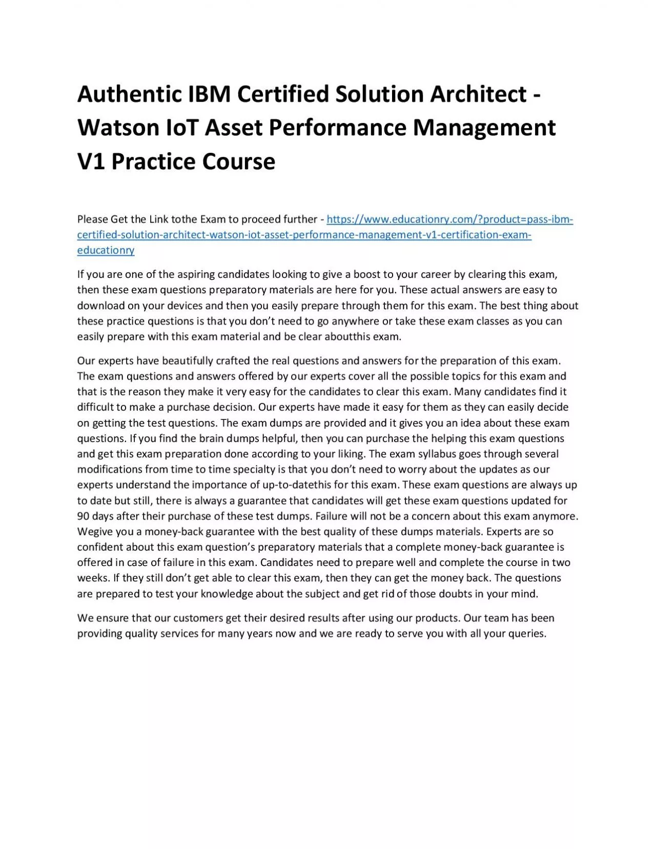 PDF-C1000-060: IBM Certified Solution Architect - Watson IoT Asset Performance Management