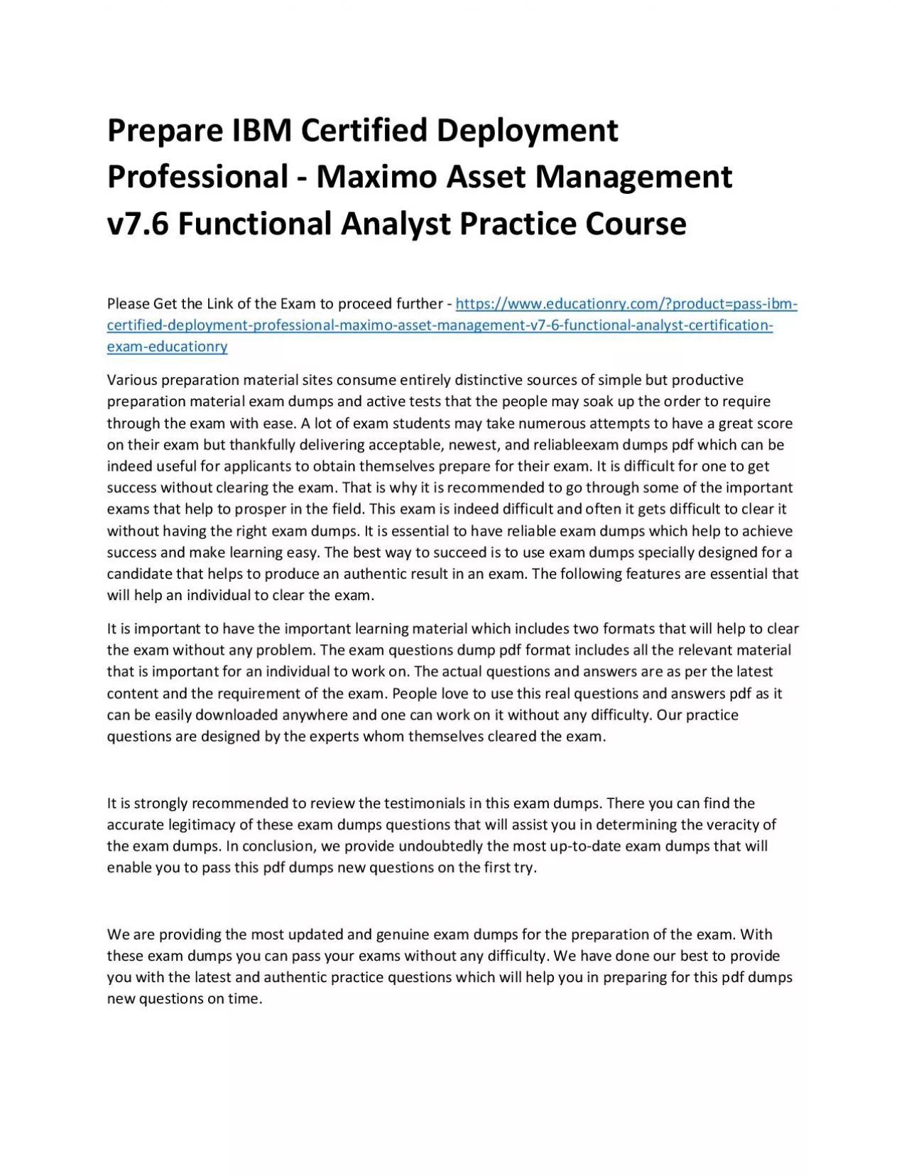 PDF-C2010-555: IBM Certified Deployment Professional - Maximo Asset Management v7.6 Functional