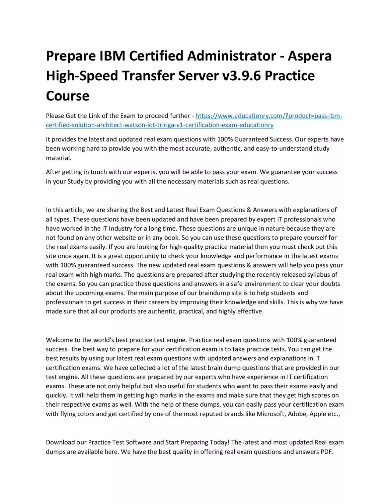 PDF-C1000-106: IBM Certified Administrator - Aspera High-Speed Transfer Server v3.9.6