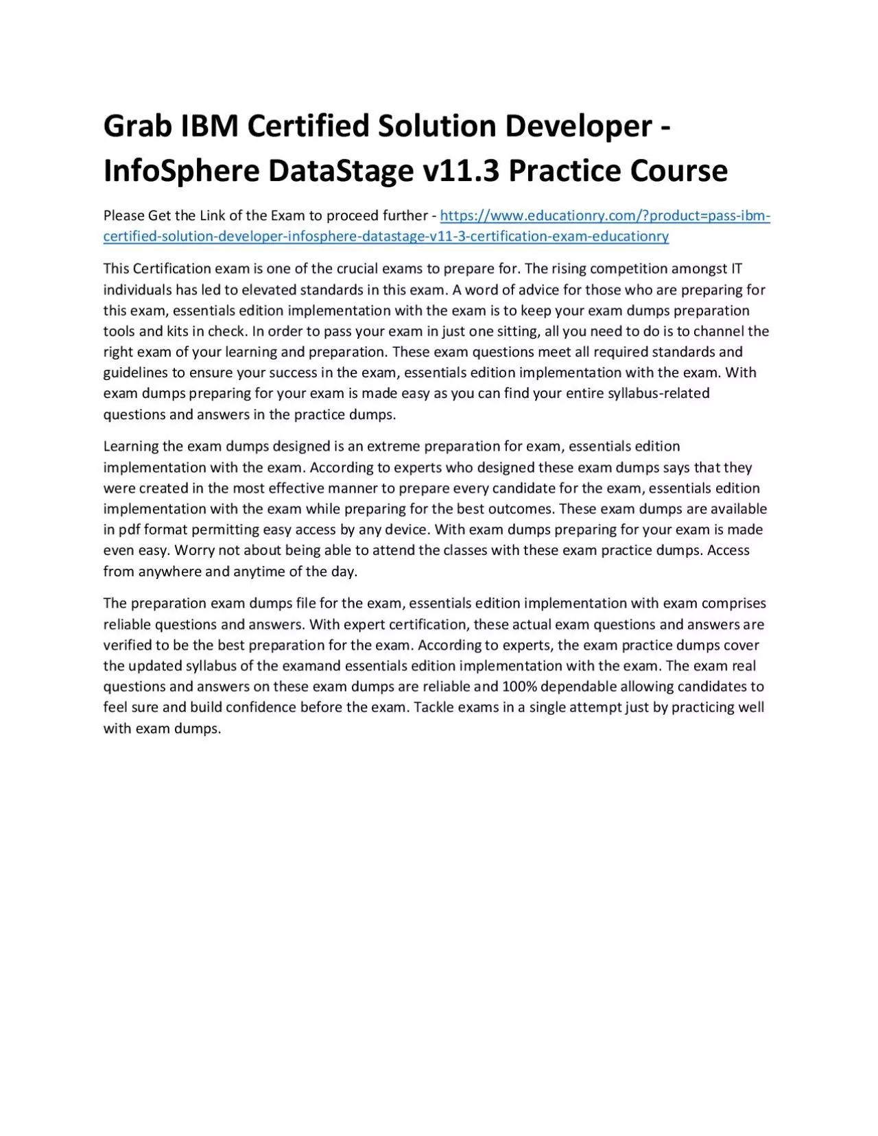 PDF-C2090-424: IBM Certified Solution Developer - InfoSphere DataStage v11.3