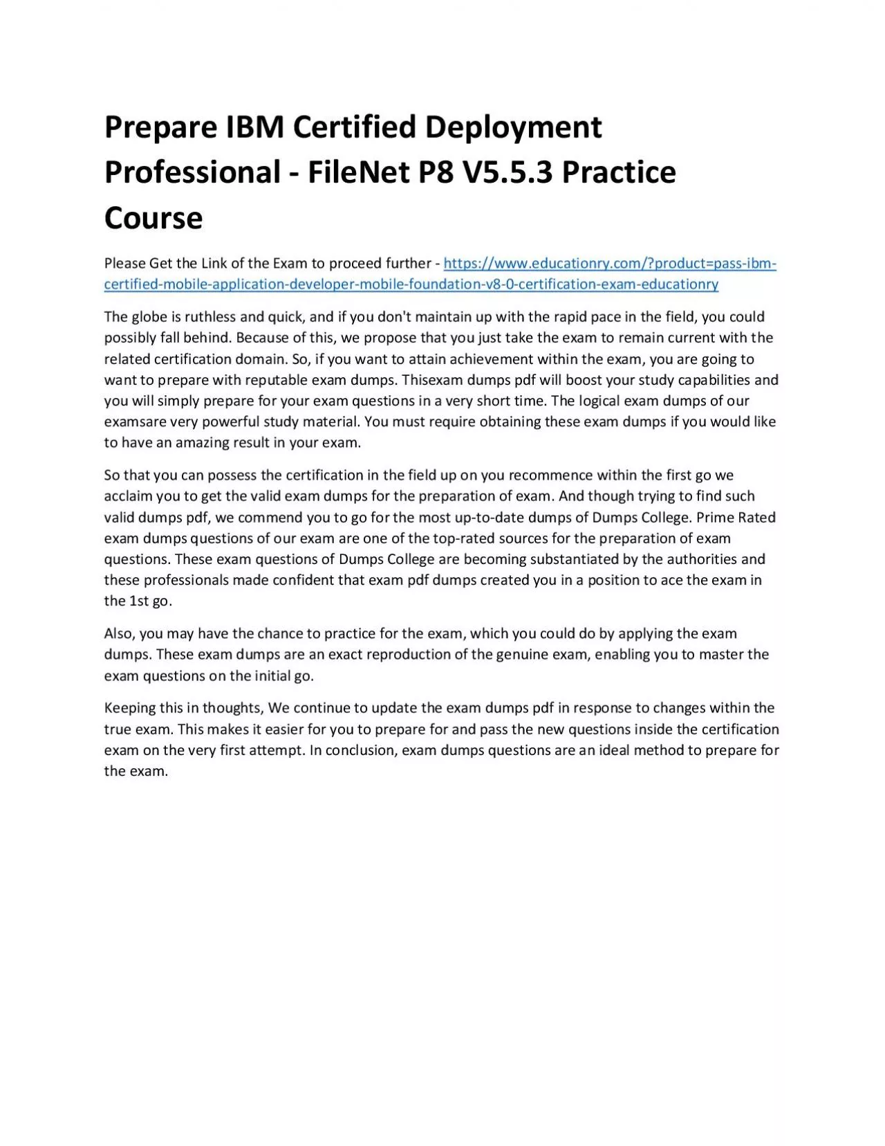 PDF-C1000-074: IBM Certified Deployment Professional - FileNet P8 V5.5.3