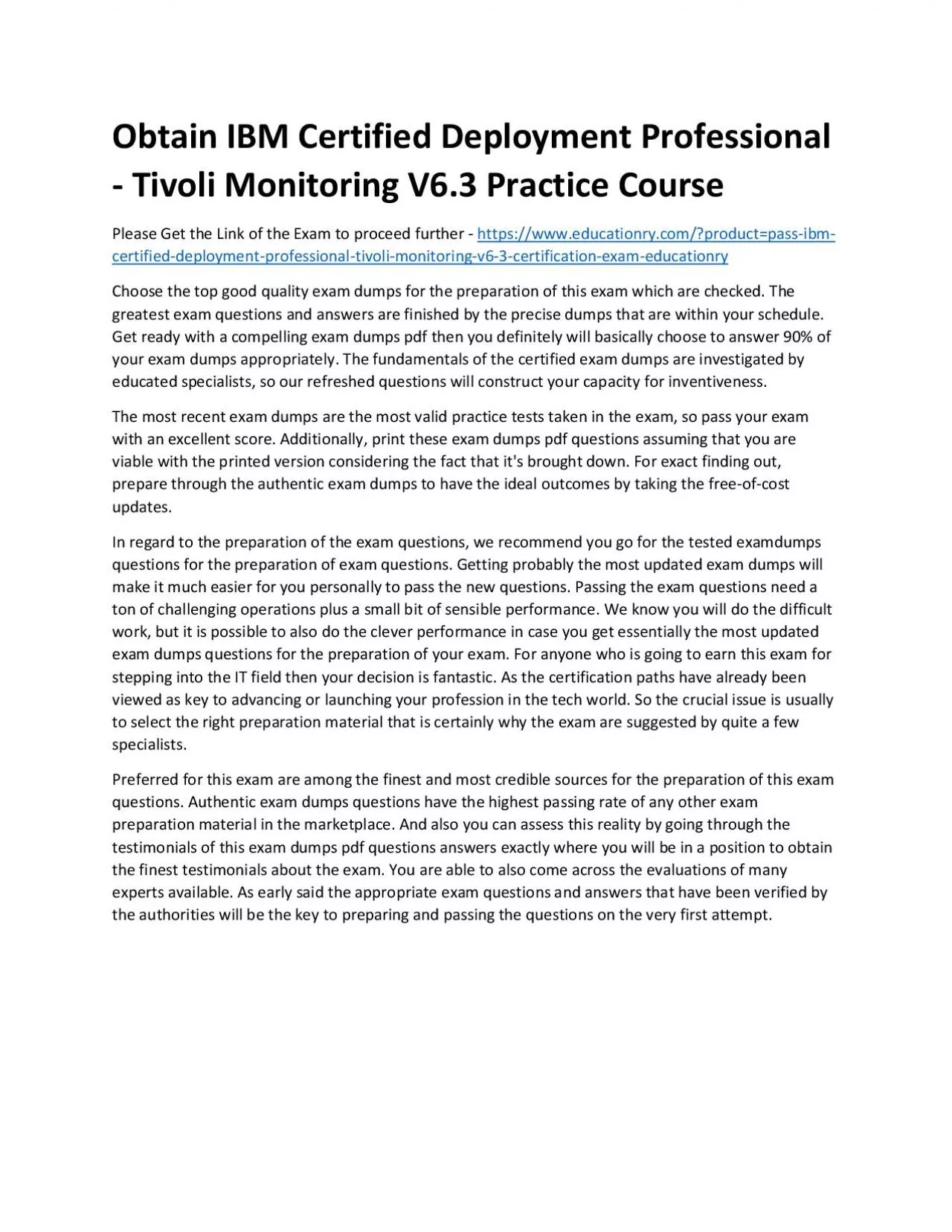 PDF-C9560-507: IBM Certified Deployment Professional - Tivoli Monitoring V6.3