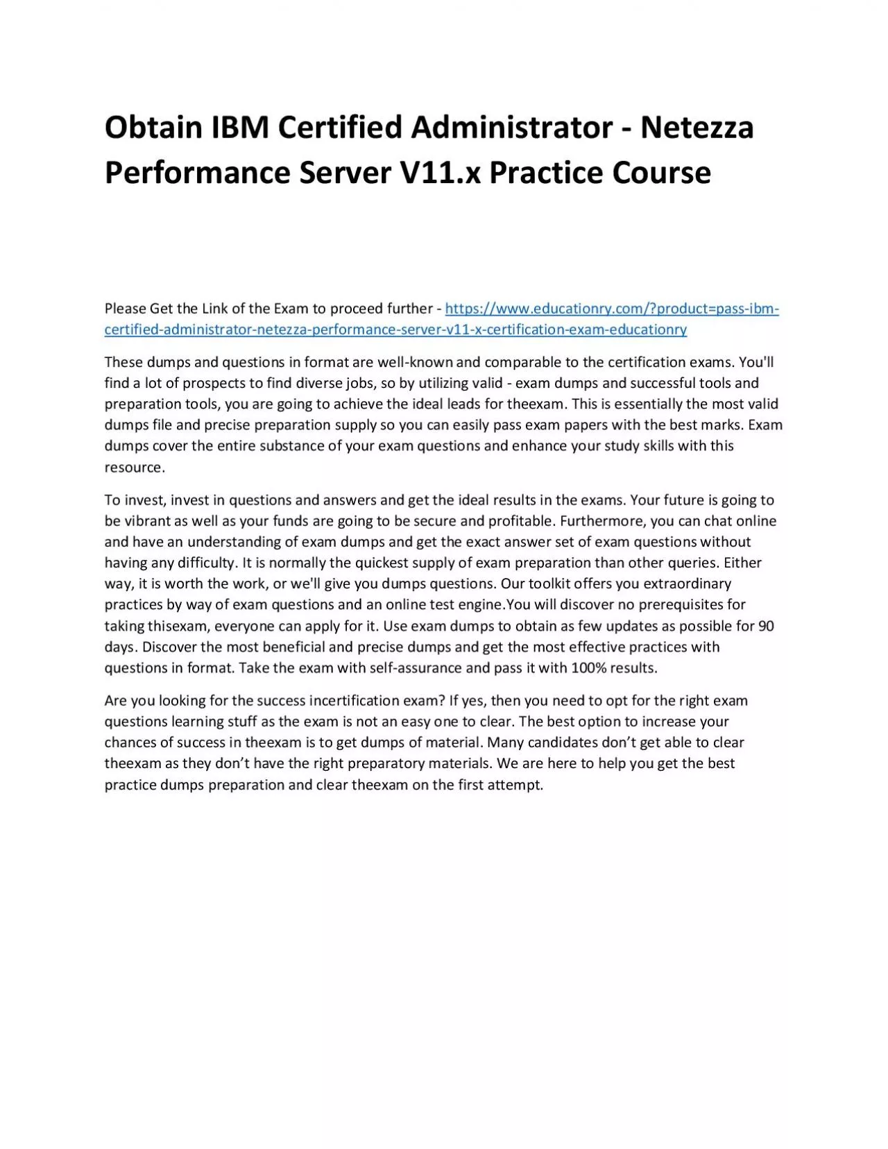 PDF-C1000-085: IBM Certified Administrator - Netezza Performance Server V11.x