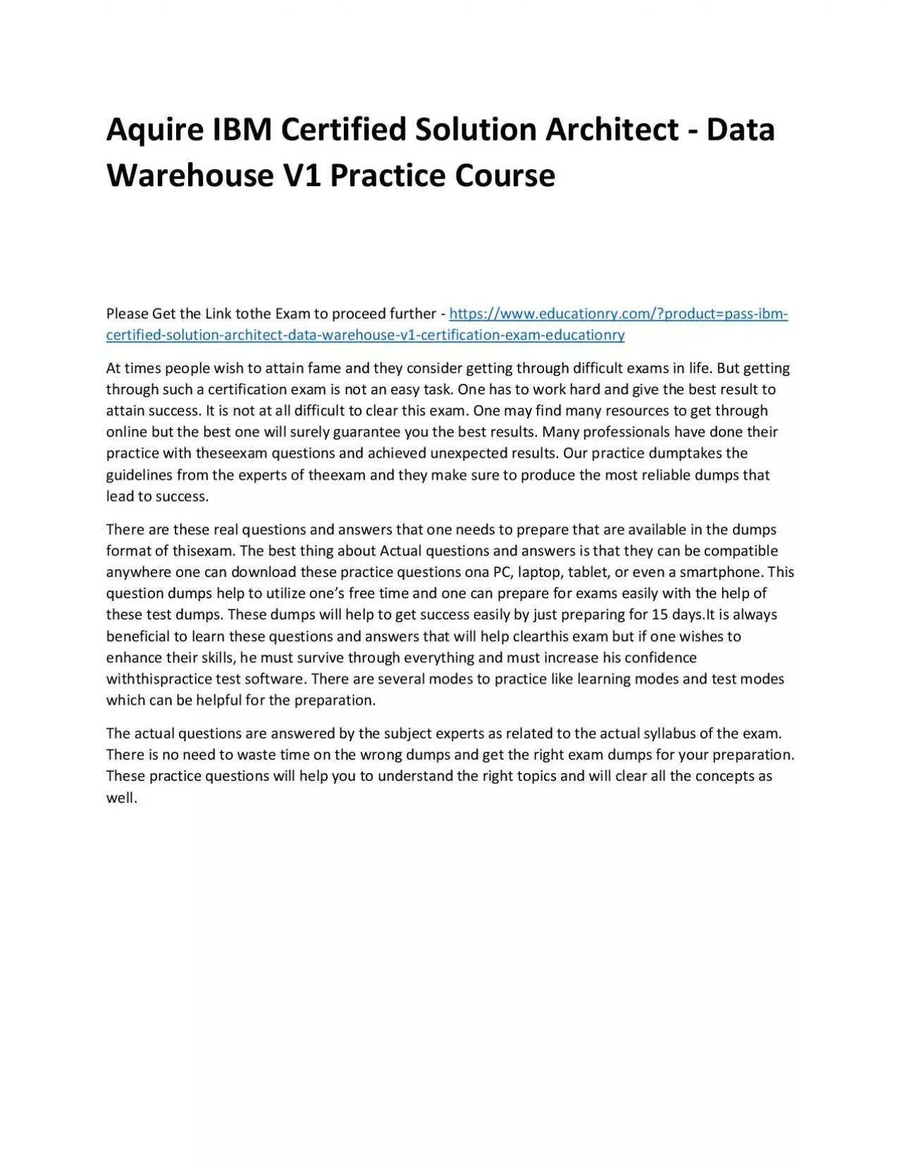 PDF-C1000-067: IBM Certified Solution Architect - Data Warehouse V1