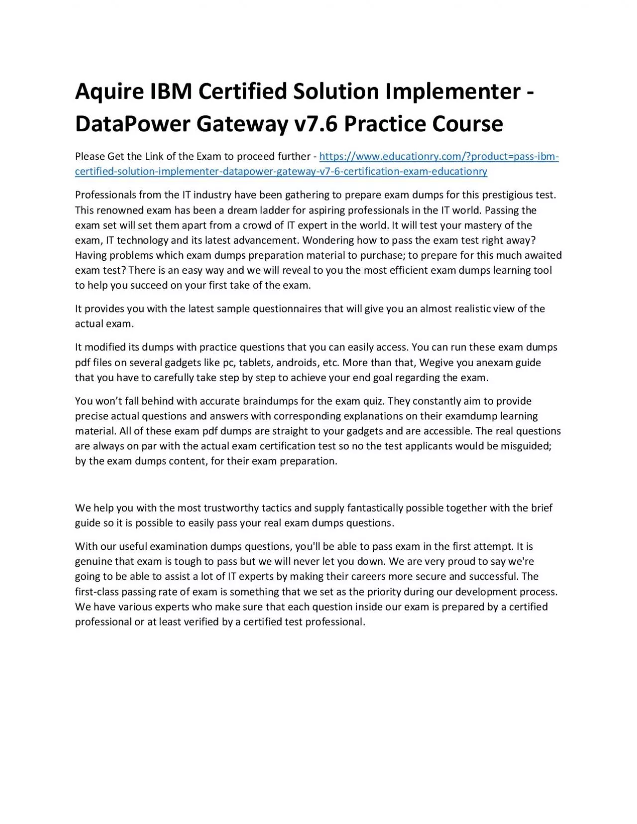 PDF-C1000-005: IBM Certified Solution Implementer - DataPower Gateway v7.6