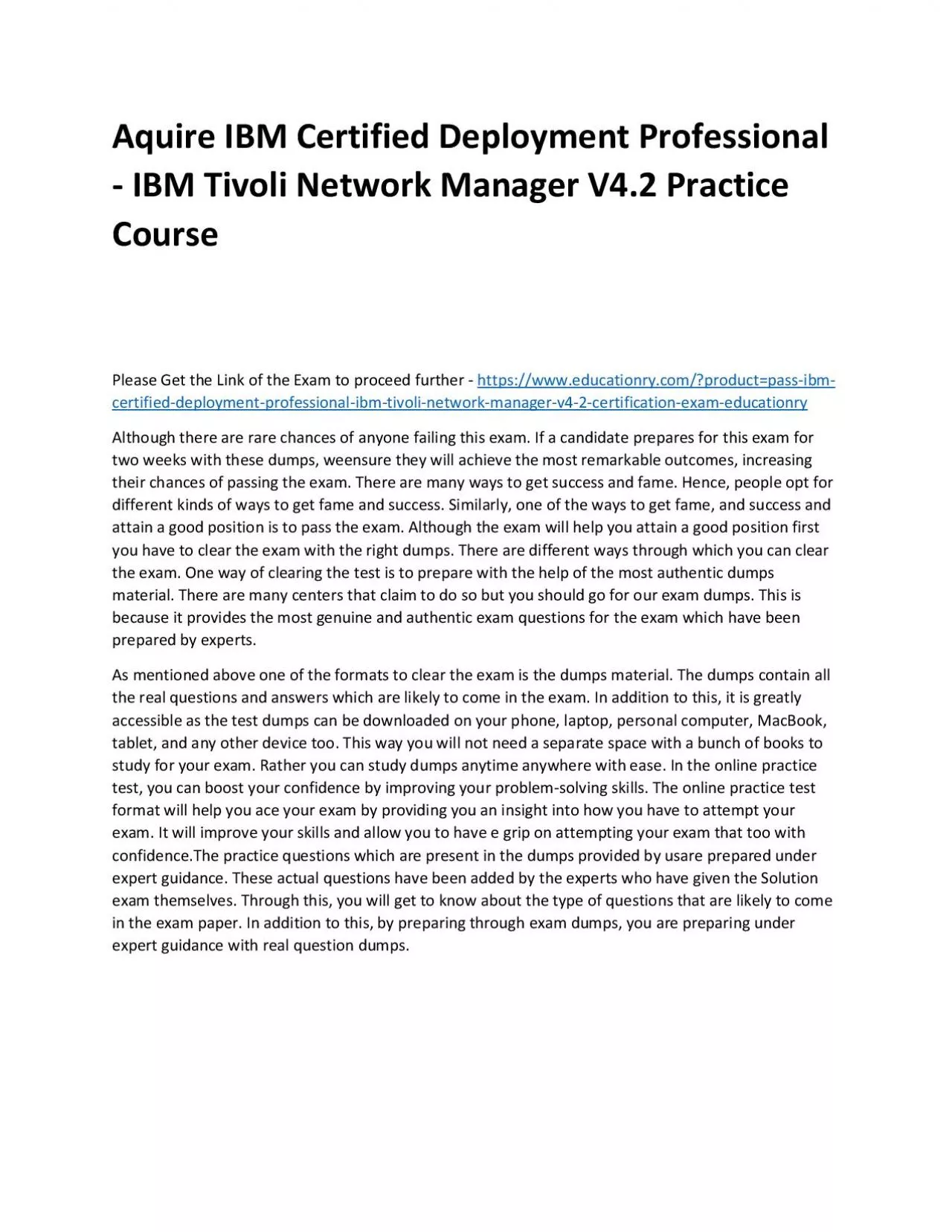 PDF-C1000-063: IBM Certified Deployment Professional - IBM Tivoli Network Manager V4.2