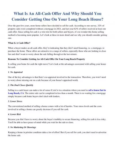 What Is An All-Cash Offer And Why Should You Consider Getting One On Your Long Beach House?