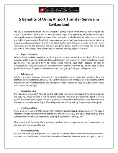 Switzerland Car Service - 5 Benefits of Using Airport Transfer Service in Switzerland