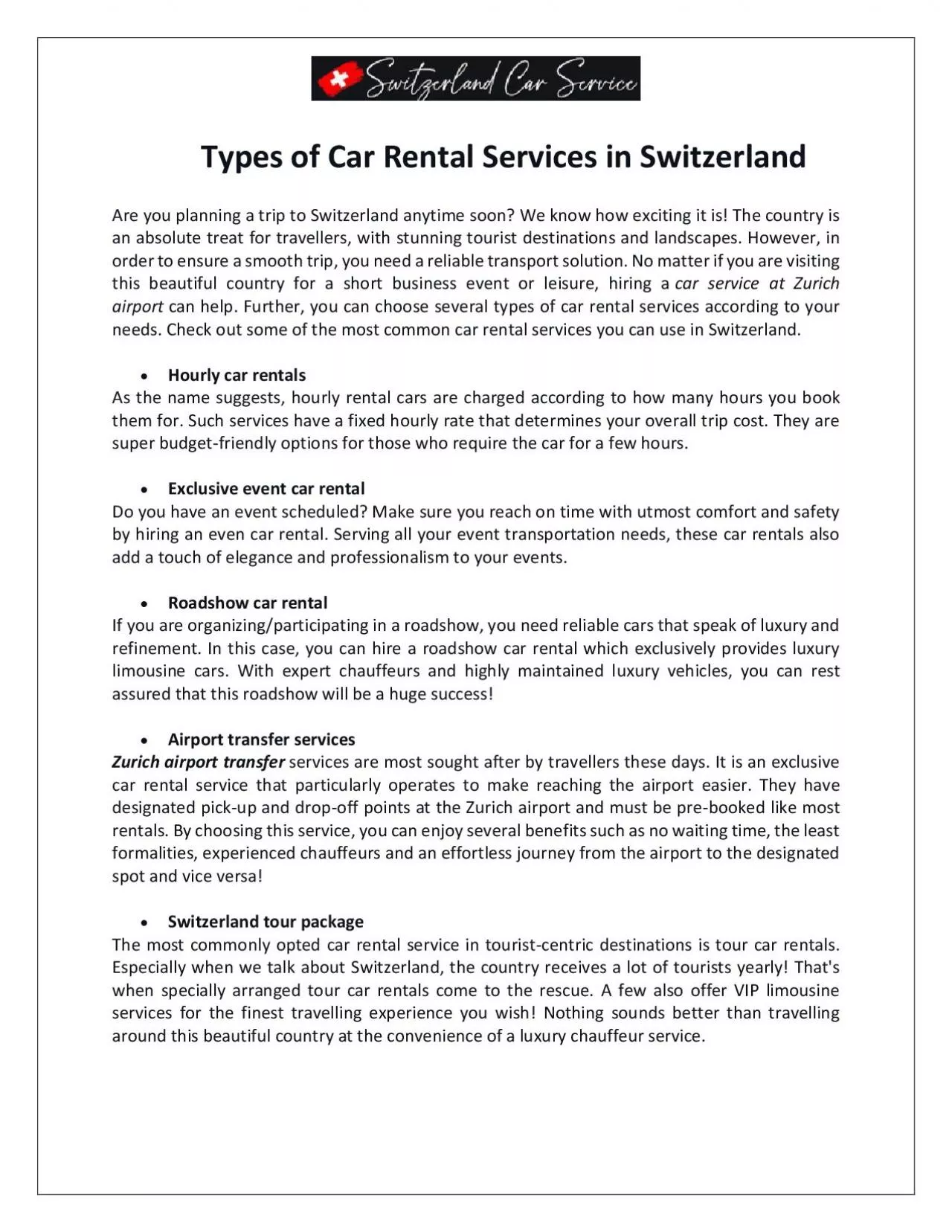 Switzerland Car Service - Types of Car Rental Services in Switzerland