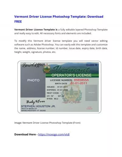 Vermont Driver License Photoshop Template Download FREE