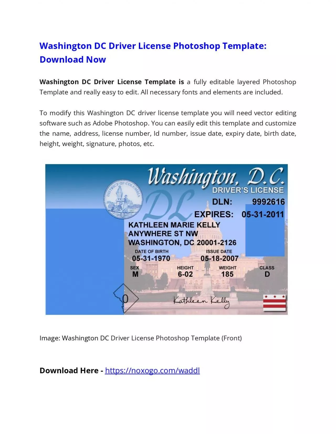 Washington DC Driver License Photoshop Template Download FREE