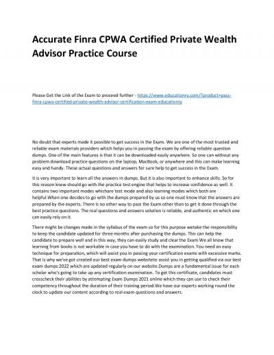 Finra CPWA Certified Private Wealth Advisor