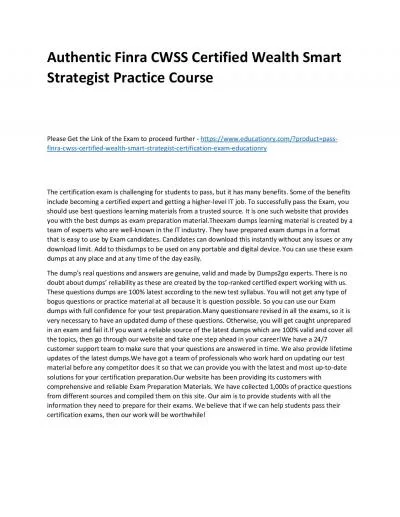 Finra CWSS Certified Wealth Smart Strategist