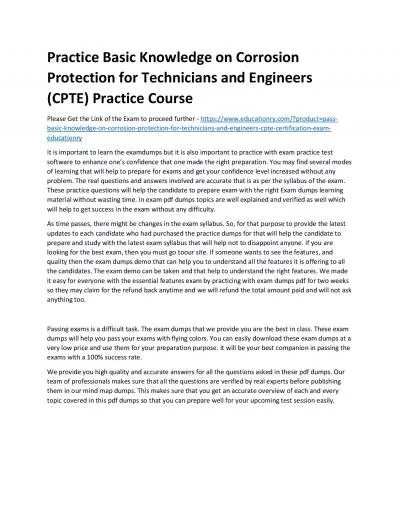 Basic Knowledge on Corrosion Protection for Technicians and Engineers (CPTE)