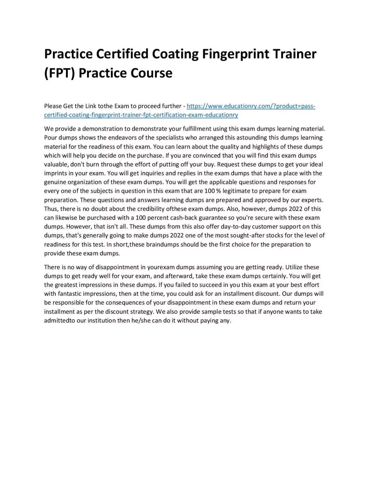 PDF-Certified Coating Fingerprint Trainer (FPT)