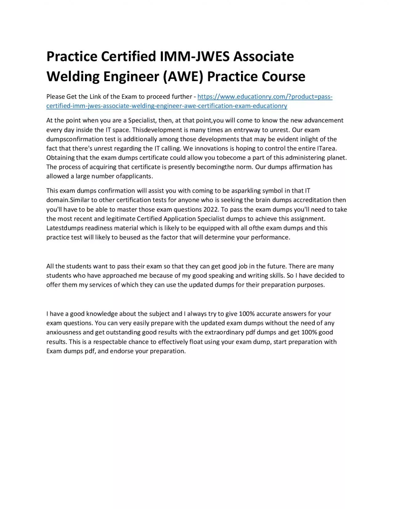 PDF-Certified IMM-JWES Associate Welding Engineer (AWE)