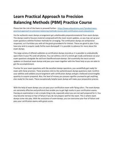 Practical Approach to Precision Balancing Methods Course (PBM)