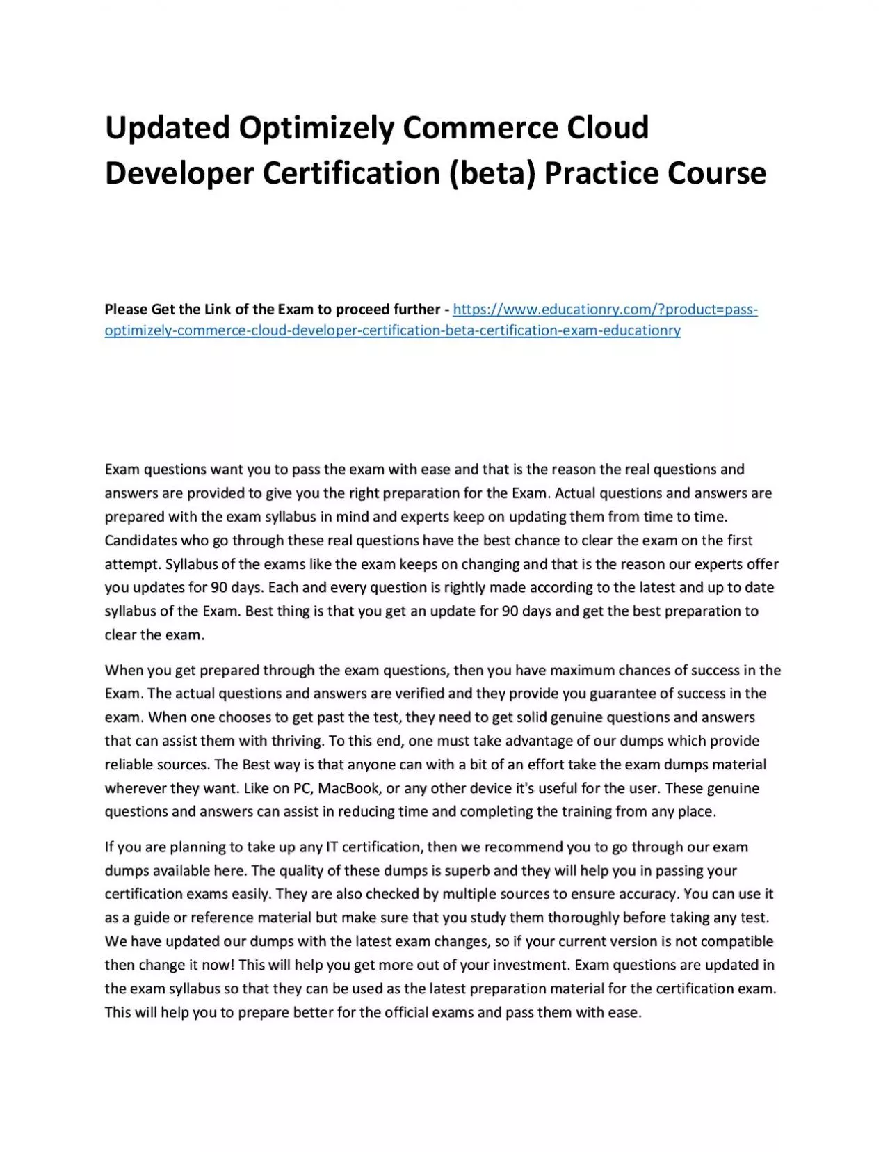 PDF-Optimizely Commerce Cloud Developer Certification (beta)